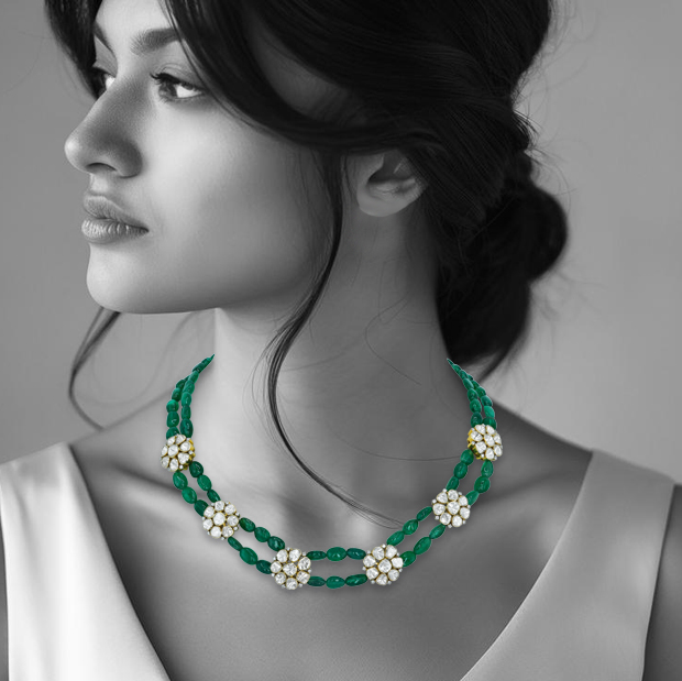 Double-Strand Emerald Bead Necklace with Polki Clusters